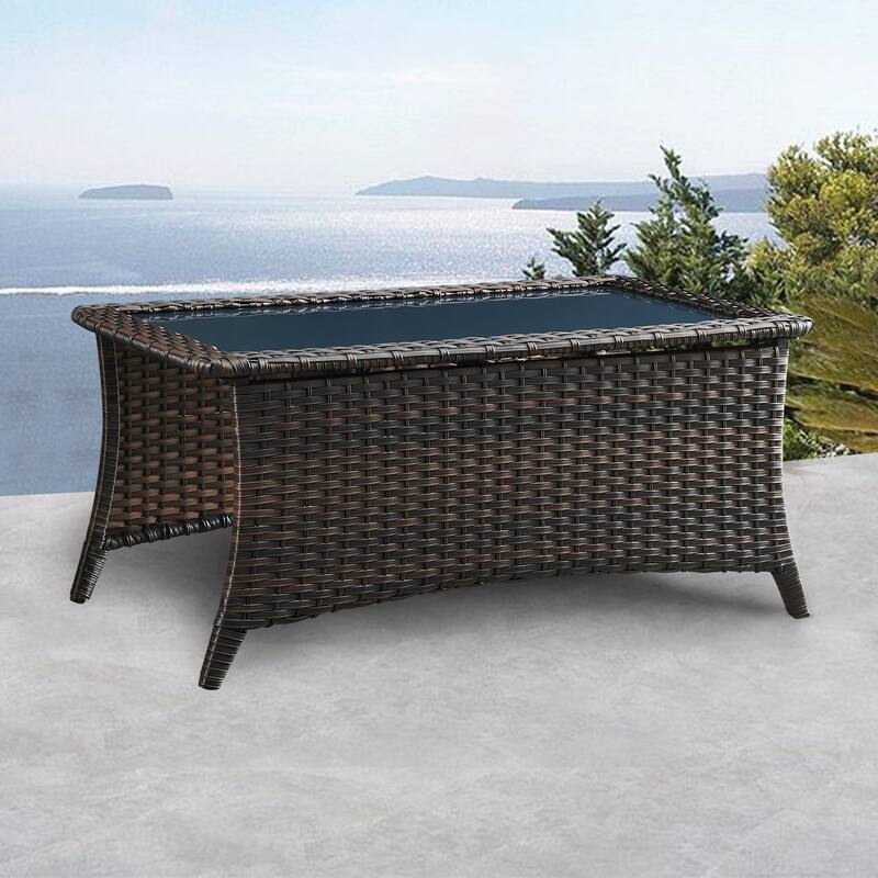 Outdoor Patio Wicker Coffee Table Rattan Coffee Table with Glass - Brown