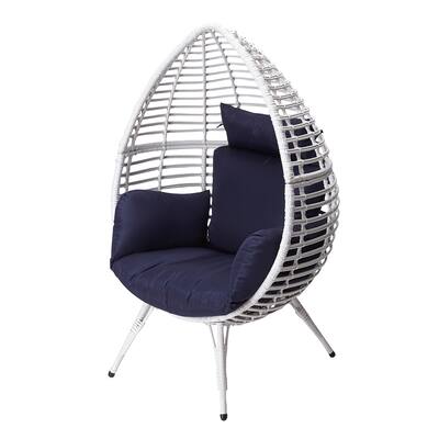 Home Wicker Coastal Boho Teardrop Patio Egg Chair with Cushions, White