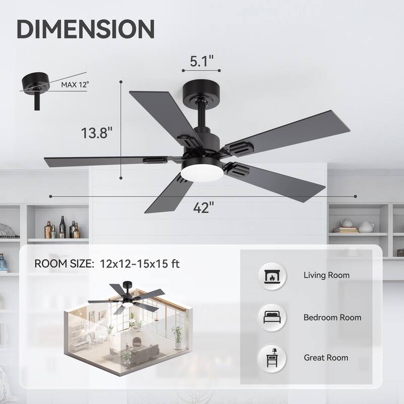 2 Set 42" Reversible 5-Blade Integrated LED Ceiling Fan with Light and Remote
