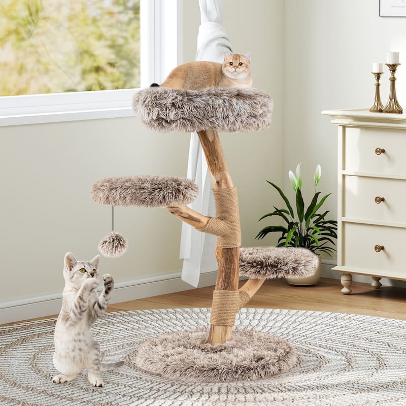 4-Level Cat Tower with Cozy Plush Perches and Natural Wood Base Jute Scratching Posts for Cats