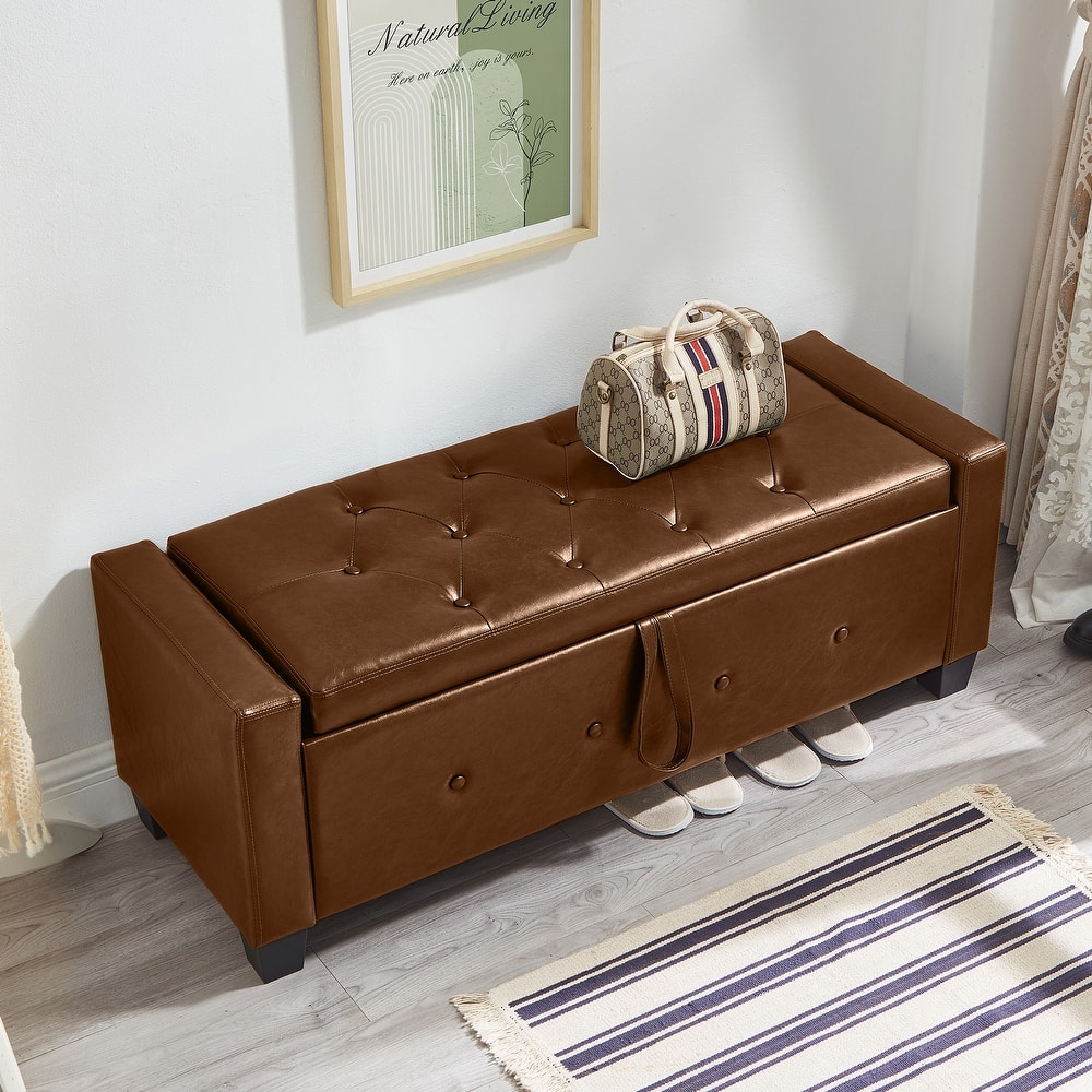 Tufted Faux Leather Storage Ottoman Bench for Bedroom, Living Room & Hallway, 48" Multifunctional Upholstered End of Bed Bench