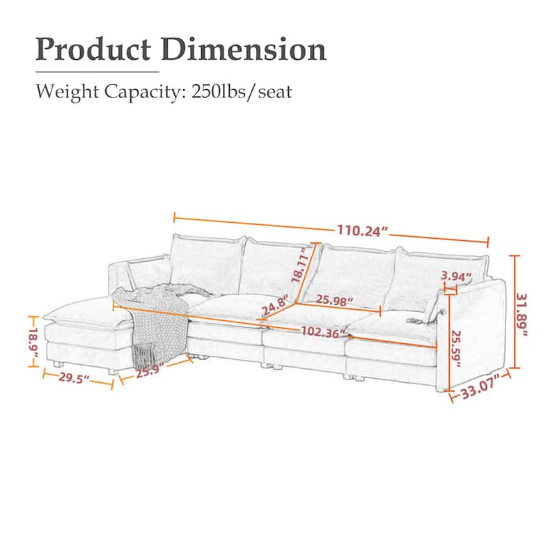 Modular Sectional Sofa L Shaped Couch, 3/4 Seat Sofa Set with Ottoman, Chenille Fabric