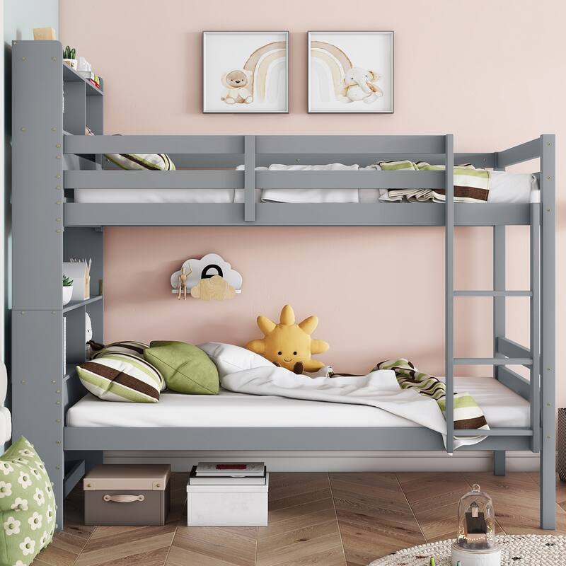 Roomfitters Twin Over Twin Rubber Wood Bunk Bed with Shelves Headboard, Convertible Design, Ladder and Safety Guardrails