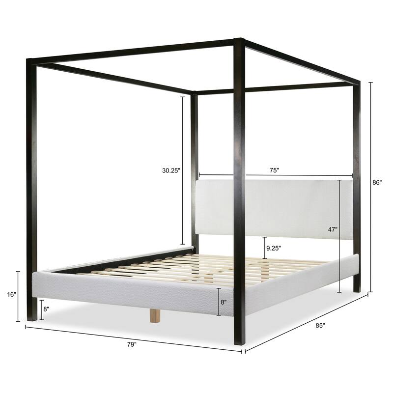 Beecher White Boucle Canopy Queen Bed with Iron Frame