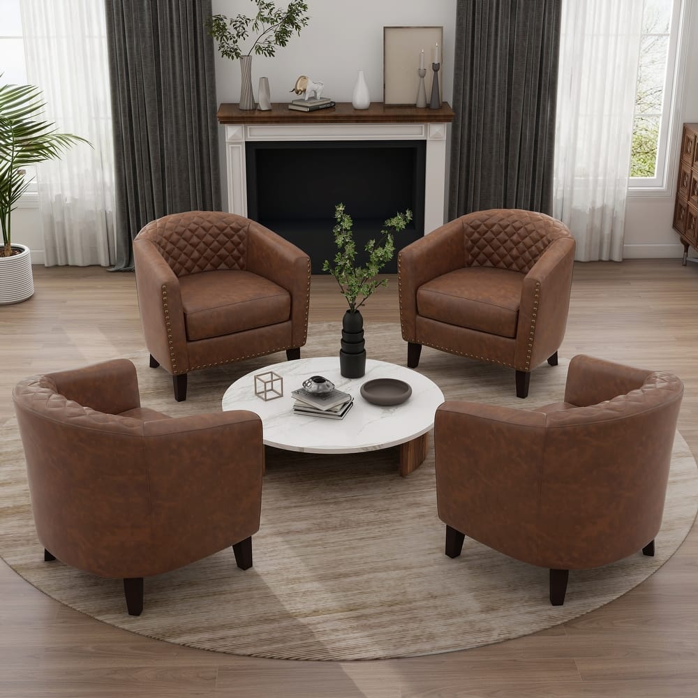 Modern Leather Nailheads Trim Barrel Accent Chairs with Wood Legs