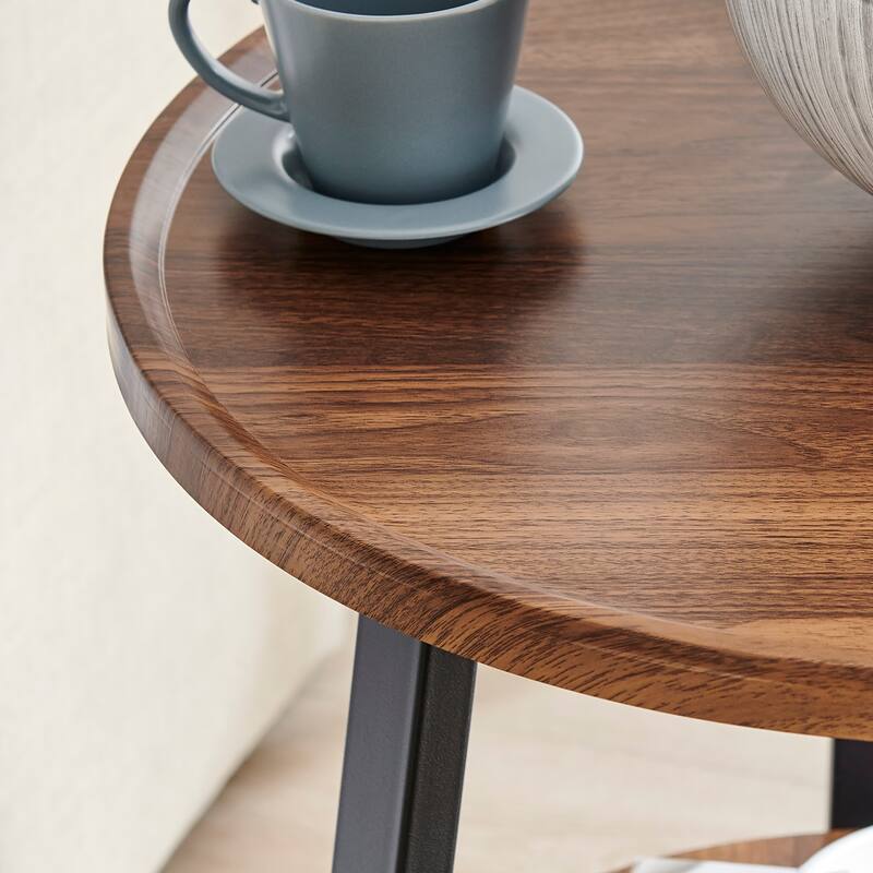 Mason Round 2-Tier Side Accent Table with Raised Lip Edge Tabletop and Mid-century Modern Crossed Metal Bold Pedestal Legs
