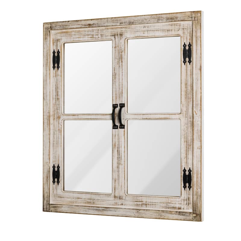 35"H Farmhouse Wooden Barn Doors Window Frame Mirror Wall Decor by Glitzhome