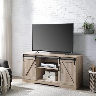 Multifunctional TV Stand with 2 Sliding Barn Doors Spacious Storage Space