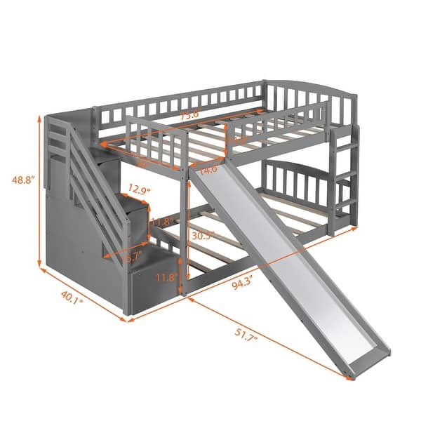dimension image slide 0 of 2, Stairway Twin over Twin Floor Bunk Bed with Two Drawers, Slide and Ladder