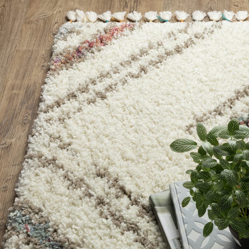 Style Haven Aire Southwest Diamond Ivory/ Multi Shag Tassel Fringe Area Rug.