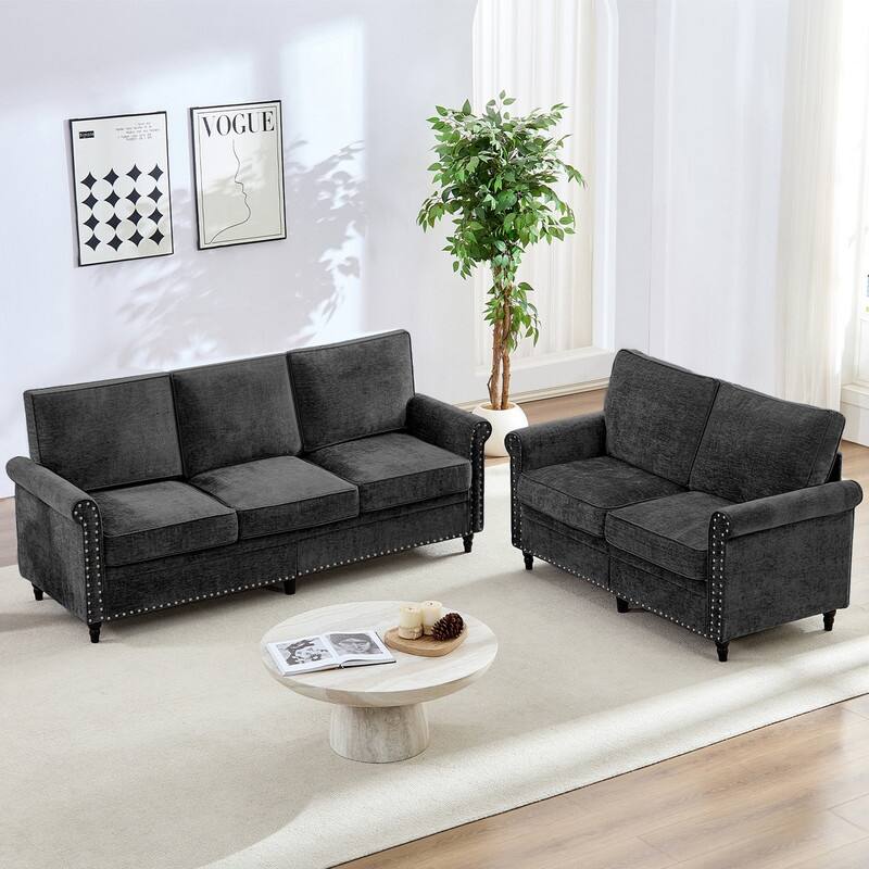 Mixoy 2 Piece Living Room Sofa Set with Riveted Design,Chenille Nailhead W76''3-Seater Sofa Couch with W53''Loveseat Sofa