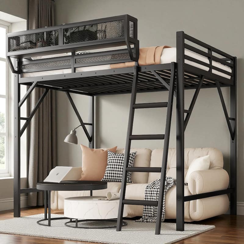 Full/Queen Size Metal Loft Bed with Storage Shelves, Guardrails, and Ladder, Space-Saving High Loft Bed for Kids and Teens