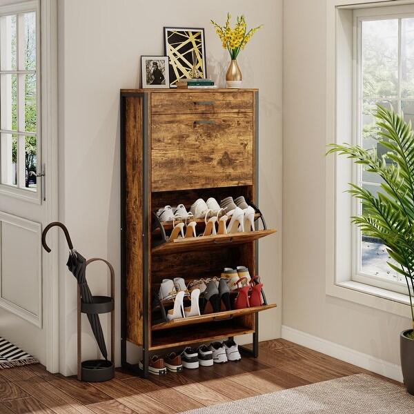 Shoe Cabinet with 3 Flip Drawers, Slim Freestanding Hidden Shoe