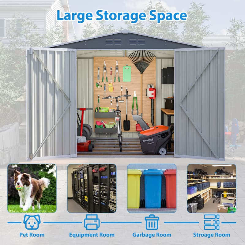 8x6 FT Waterproof Outdoor Shed with Metal Floor & Lock, Gray Tool Storage