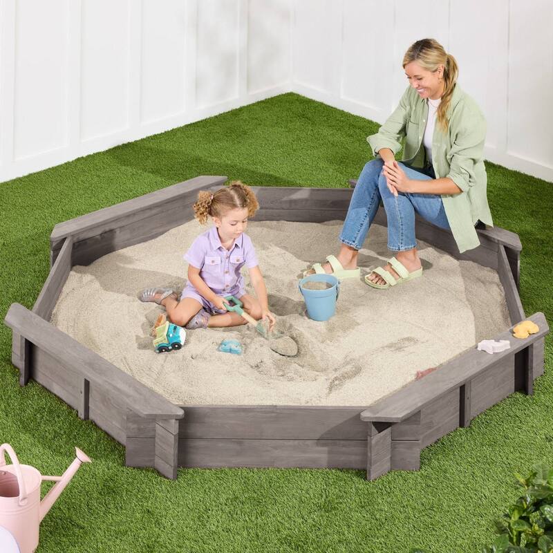 Outdoor Kids Sandbox with Bench Seats and Hemlock Wood Frame UV-Resistant Cover and Liner - 78”L x 78”W x 9”H - Grey