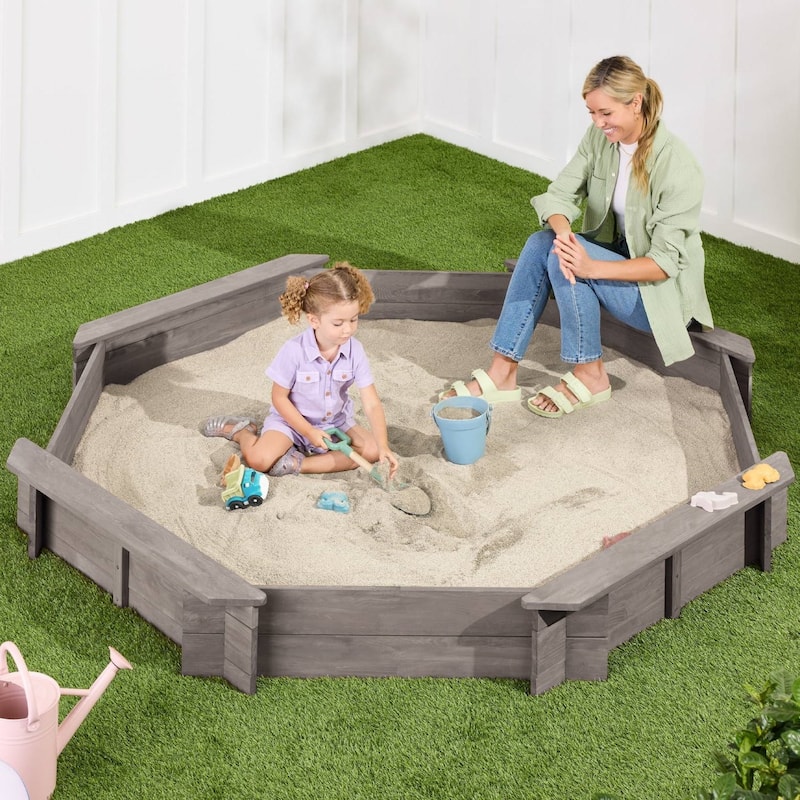 Outdoor Kids Sandbox with Bench Seats and Hemlock Wood Frame UV-Resistant Cover and Liner - 78”L x 78”W x 9”H