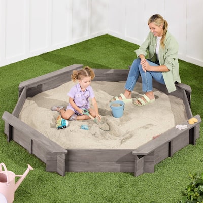 Outdoor Kids Sandbox with Bench Seats and Hemlock Wood Frame UV-Resistant Cover and Liner - 78”L x 78”W x 9”H