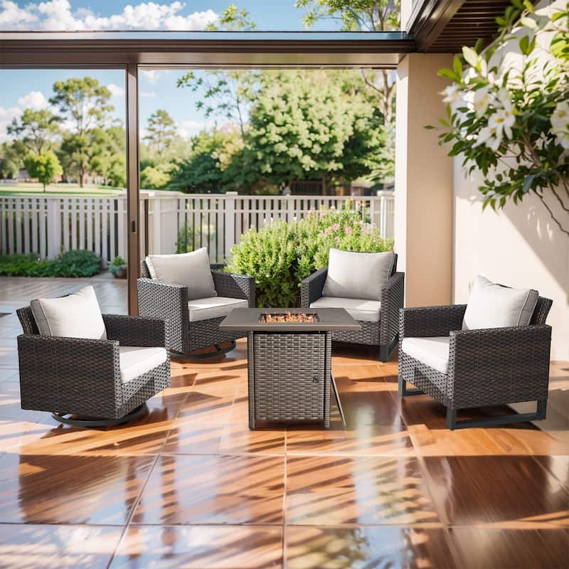 Outdoor Pocassy Glider Chairs Patio Chairs with Fire Table - Brown Wicker Beige Cushion - 5 Pieces Patio Chairs
