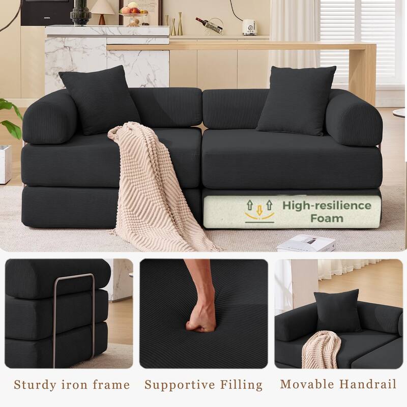 Modular Couch Sofa Bed, Convertible Design with Removable Armrests,Folding Mattress Couch for Small Spaces ,No Assembly