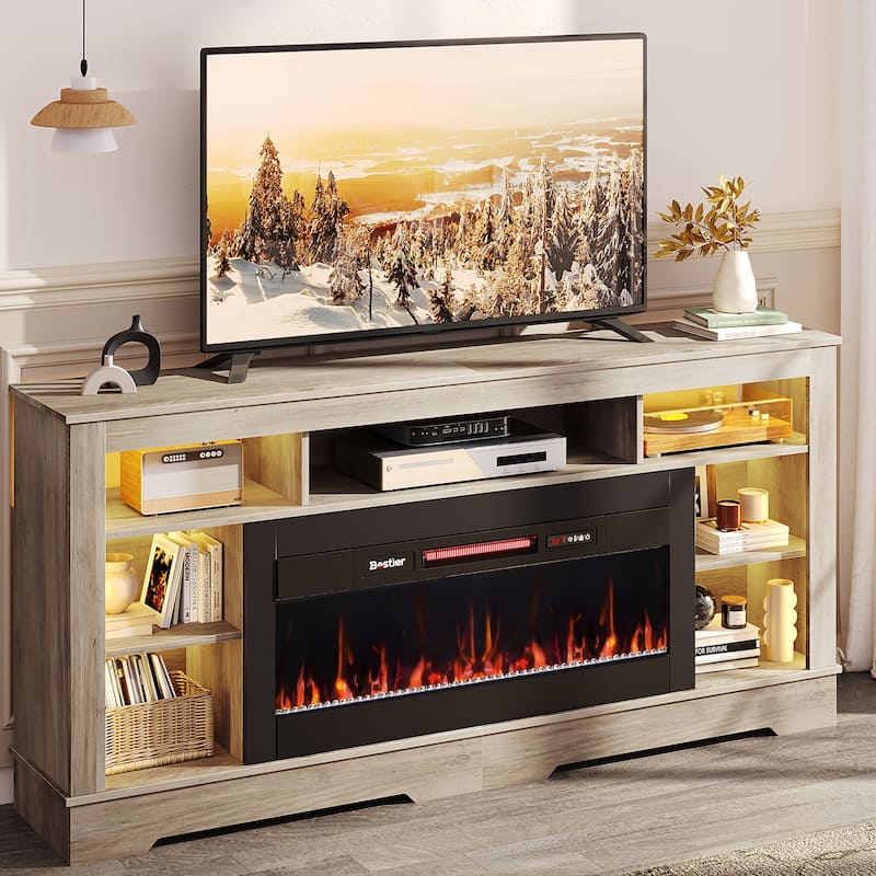 Bestier Fireplace 70"Tall TV Stand With 36"W Fireplace, LED Media Console With Storage - Grey