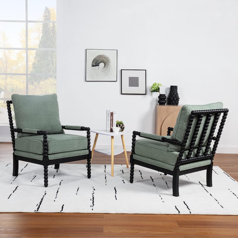 SEYNAR Mid Century Teddy Velvet Fabric Wood Accent Armchair with Cushion Set of 2 - Green