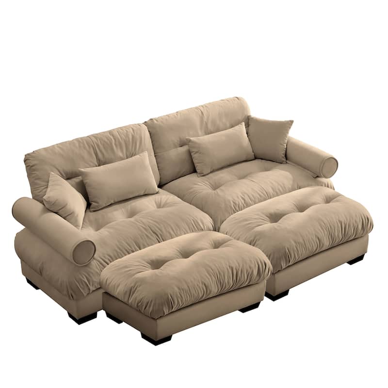 93.7" Oversized Velvet 2-Seater Sofa with Ottoman, Round Bolster Armrests, and Included Pillows