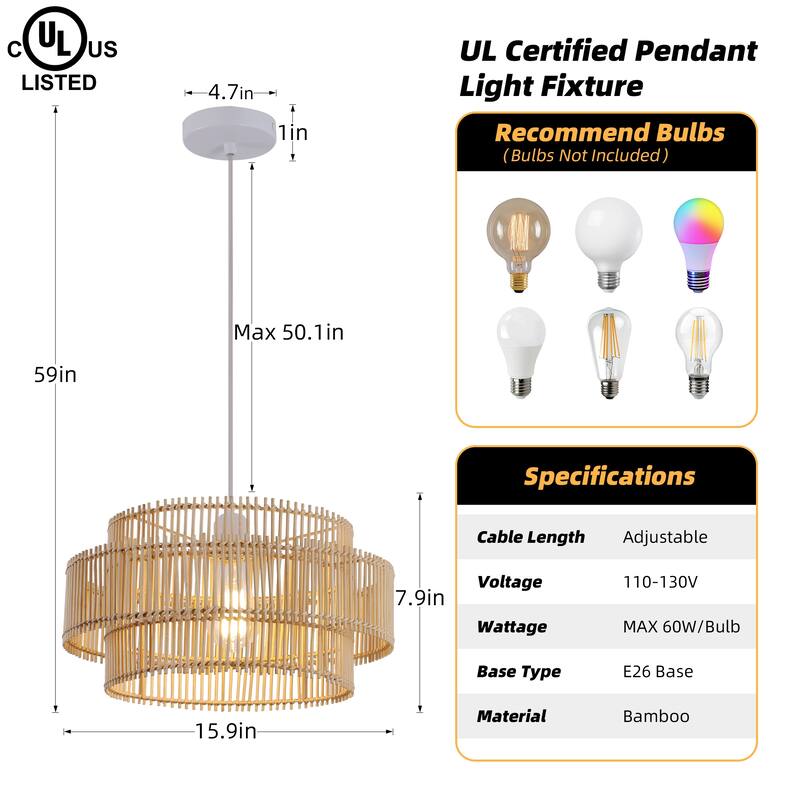Solara 16 in. 2-Tiers 1-Light Pendant Light with Bamboo Round Shade, No Bulbs Included