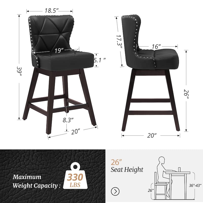 26 in. Mid-Century Modern Counter Stools Wood Frame Swivel Bar Stools with Faux Leather/Fabric Upholstered Seat