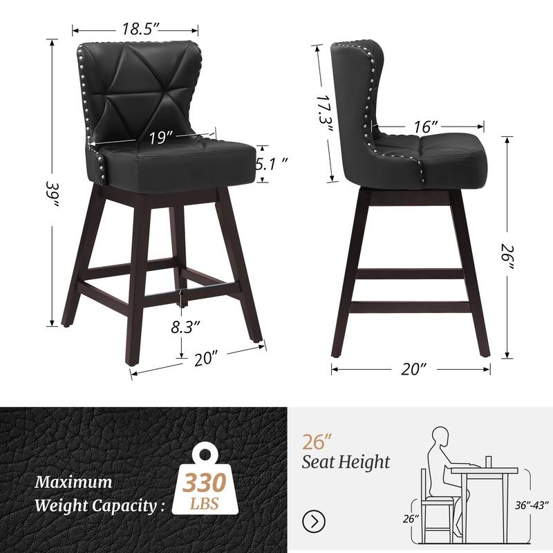 26 in. Mid-Century Modern Wood Frame Swivel Bar Stools with Faux Leather and Linen Upholstered Seat（Set of 4）