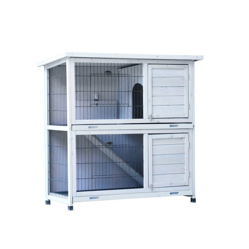 2-Story Outdoor Rabbit Hutch and Indoor Cage with Attached Run, Featuring Two Removable No-Leak Trays, Non-Slip Ramp