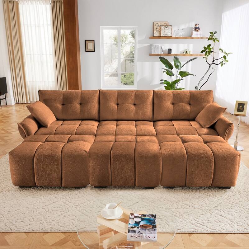 110.2" Chenille Three Seater Upholstered Sofa, 3 Ottoman - Orange