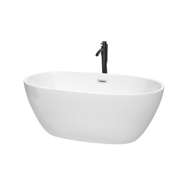 Wyndham Collection Juno 59" Freestanding Soaking Tub with Tub Filler - White / Polished Chrome Trim / Matte Black Faucet