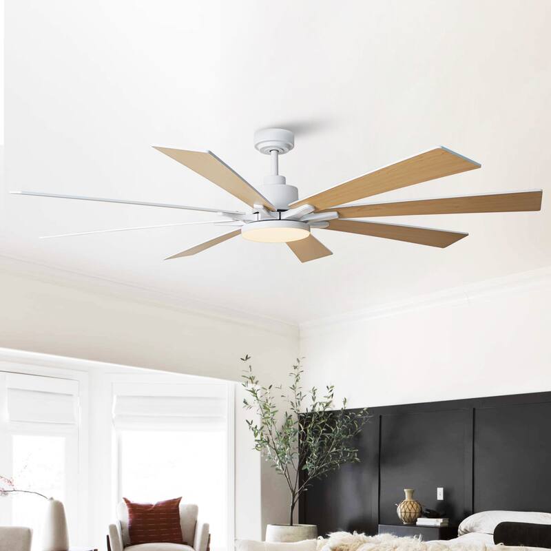 Vaczon Modern 72-in White Wooden 8-Blade Large Windmill Ceiling Fan with Light