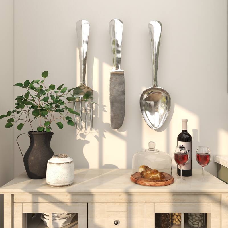Aluminum Metal Utensils Knife, Spoon and Fork Home Wall Decor - Set of 3 Silver or Copper - Roche River Decor