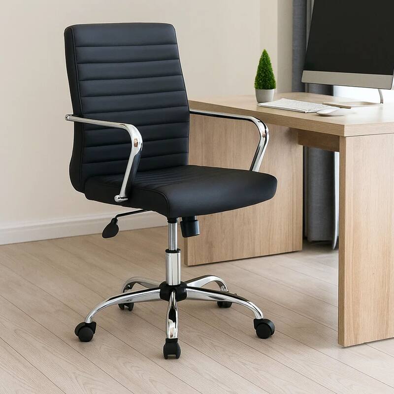 Swivel Task Chair, Black Vinyl, Chrome Base and Arms, Caster Wheels