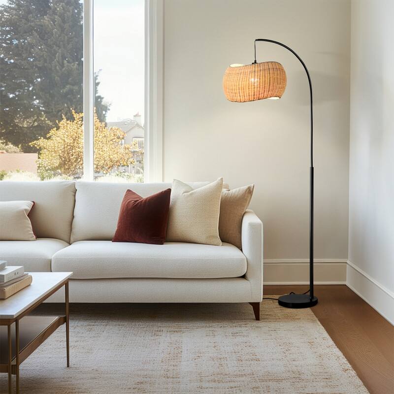 Brightech Wave 81 in. Mid-Century Modern LED Super Bright Floor Lamp with Beige Bamboo Drum Shade
