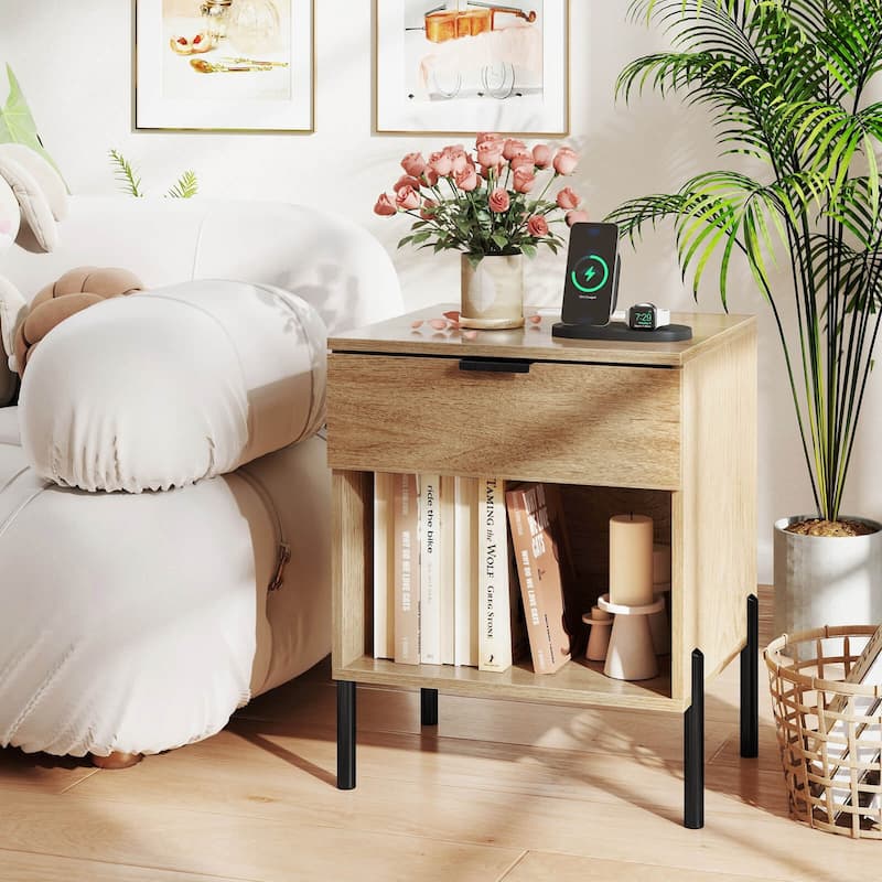 Costway Nightstand with Charging Station Drawer Compartment Modern