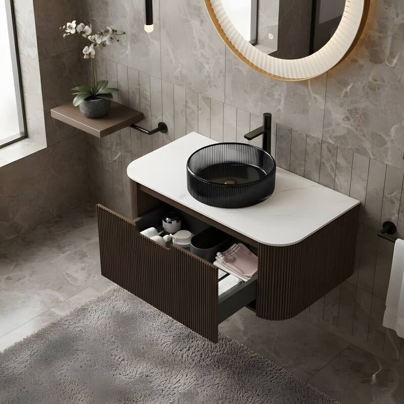 Wall Mounted Bathroom Vanity with Transparent Black Round Glass Basin
