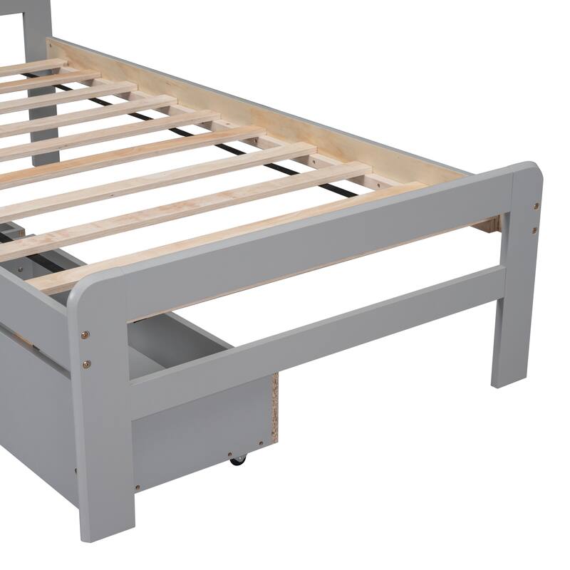 Wooden Twin Platform Bed Frame with 2 Storage Drawers, Rubber Wood Bed Frame, No Box Spring Needed