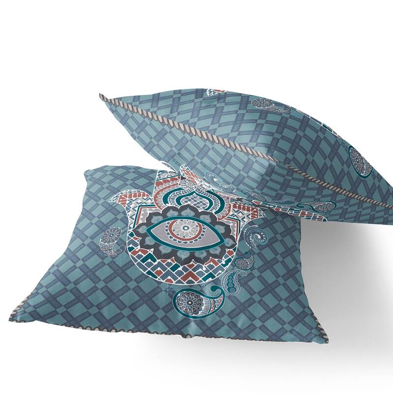 HomeRoots Set of Two 16" X 16" Blue and White Blown Seam Hamsa Indoor Outdoor Throw Pillow - 16.00' X '16.00' X '5.00