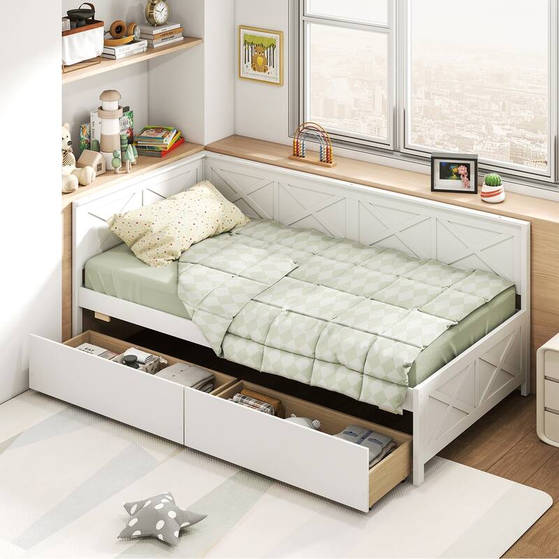 Twin Size Wooden Corner Sofa Daybed Frame with 2 Storage Drawers and Slats for Kids or Guest Bedroom
