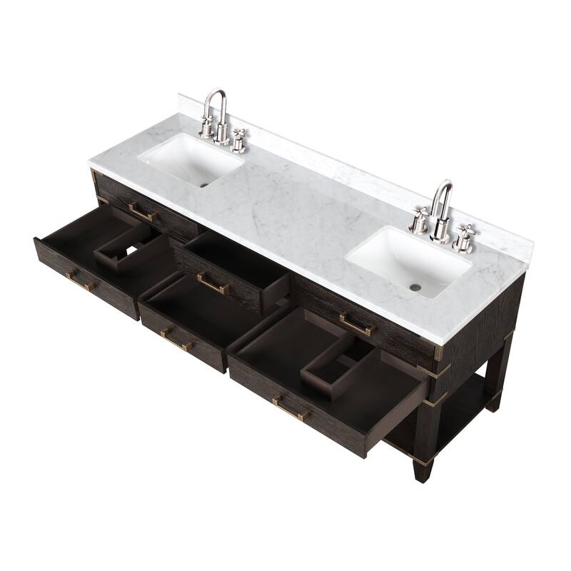 Lexora Norwalk Bath Vanity, Carrara Marble Top, Faucet Set, and Mirror
