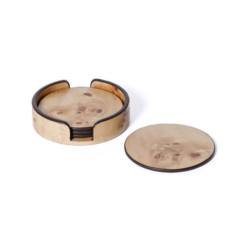 Valberg Burl Veneer Round Beverage Coasters with Holder, Set of 4 - Natural