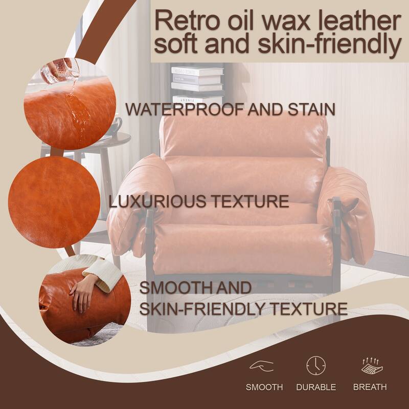 Lounge Chair Oil Wax Leather Sofa Chair with Removable Armrests, Rubber Wood Decorative Chair for Living Room
