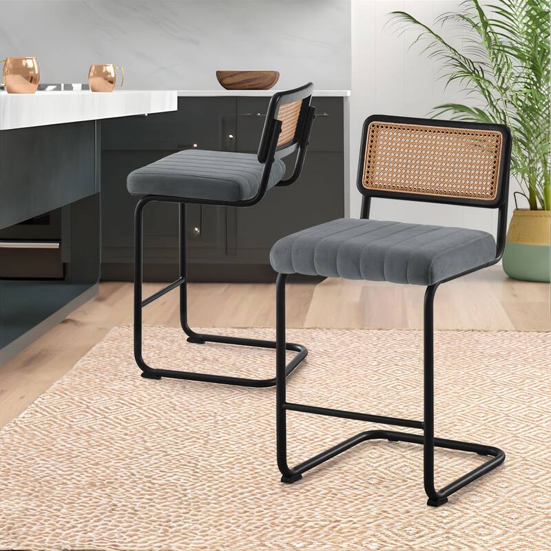 Velvet Upholstered Rattan Counter/Bar Stools, Set of 2/3