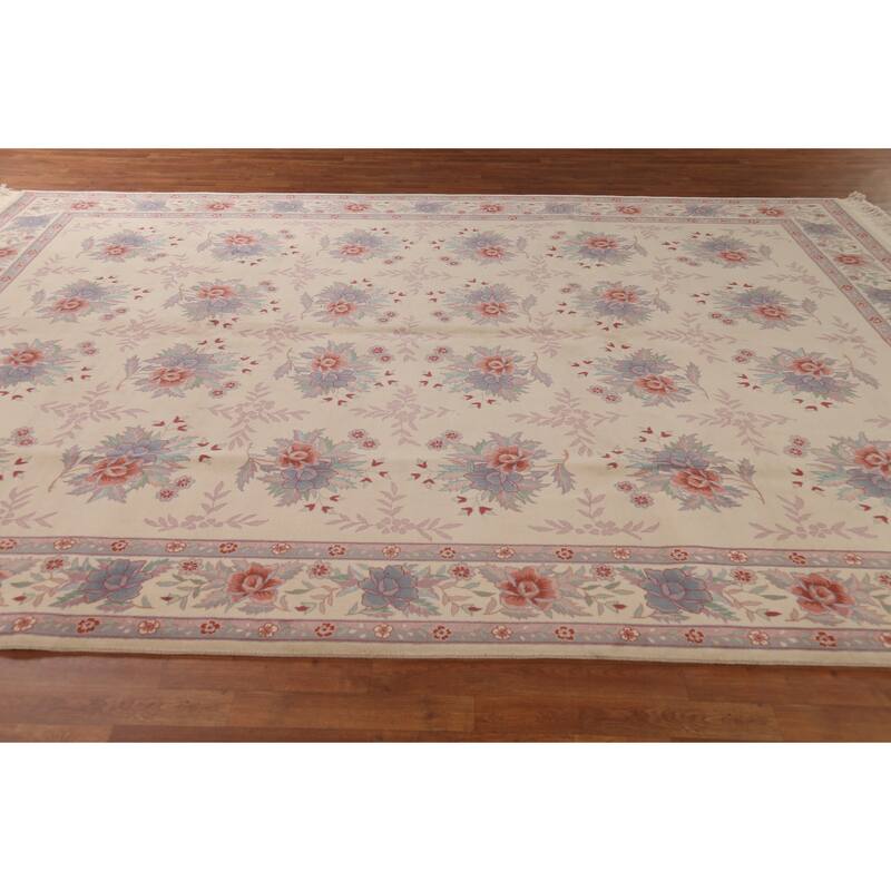 Floral Ivory Aubusson Chinese Area Rug Hand-Knotted Wool Carpet - 9'1"x 12'1"