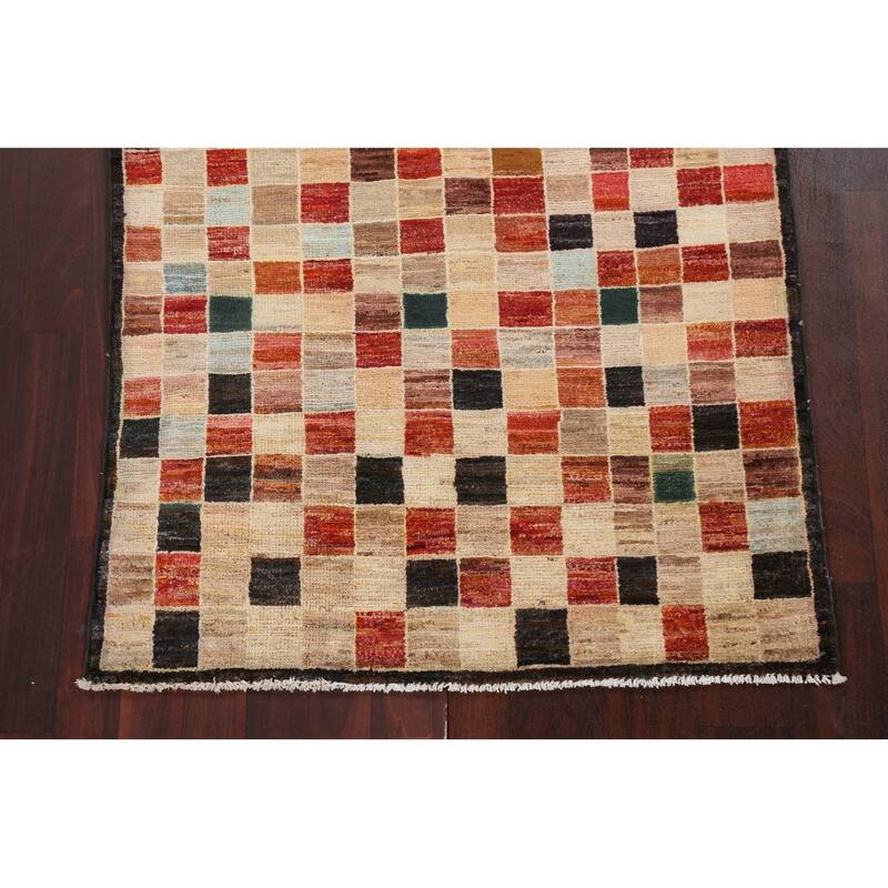 Checkered Gabbeh Kashkoli Oriental Area Rug Hand-knotted Wool Carpet - 3'4" x 4'10"