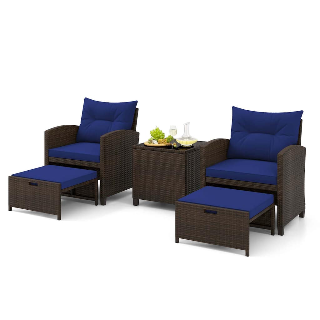 Gymax 5 CS Rattan Furniture w/ & Tempered Glass & 2 Ottomans Coffee