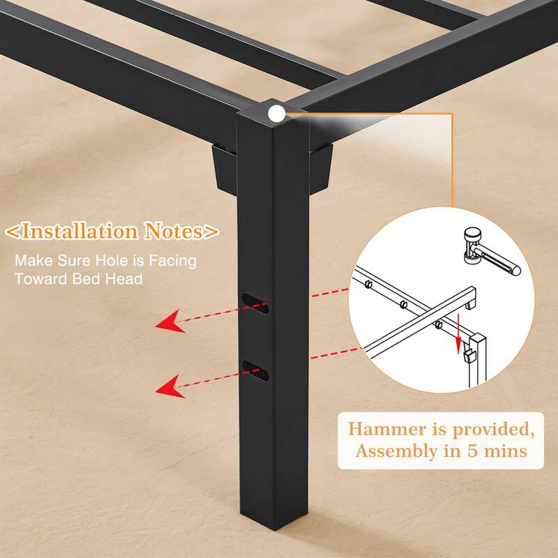 VECELO 14" No-Screw Metal Bed Frame, Quick Snap Assembly Platform, Underbed Storage, Twin Full Queen King Bed Frames