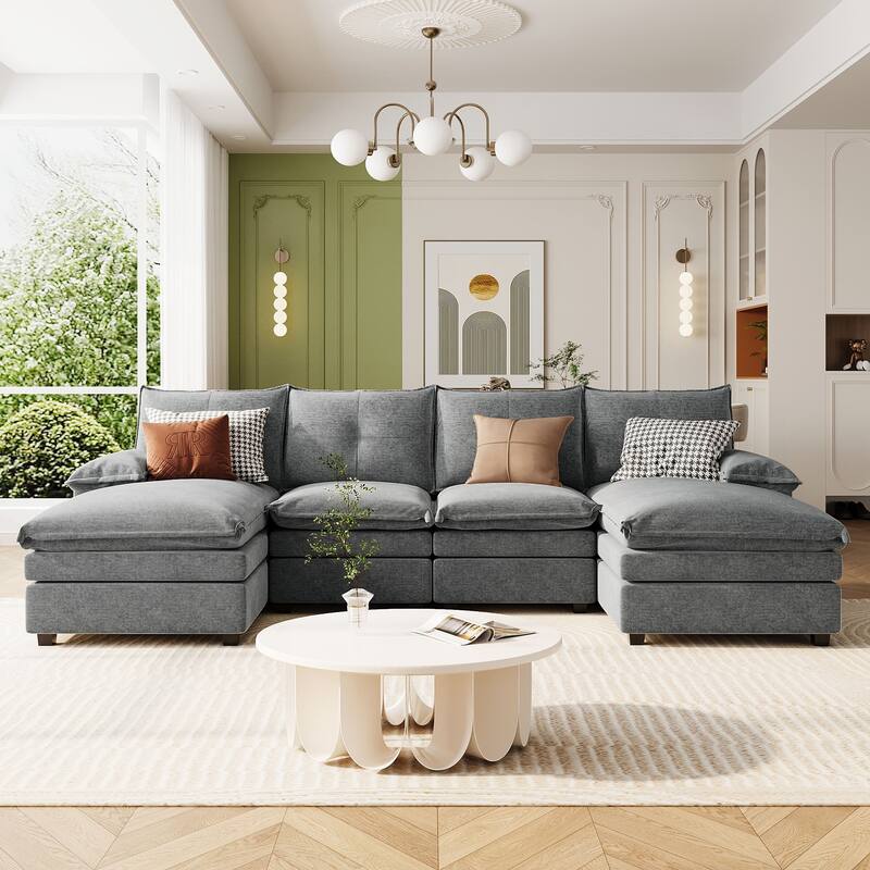 Luxurious U-Shaped Chenille Sectional Sofa with Adjustable Armrest Pillows and Button-Tufted Backrest
